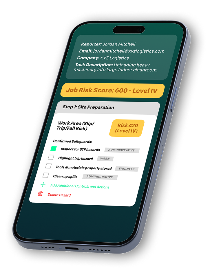 Mobile view of a Safe Work Plan report showing a Job Risk Score of 600 (Level IV) for unloading machinery at XYZ Logistics.